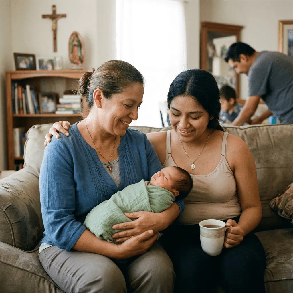 Una madre y abuela contemplando a un recién nacido en un ambiente de paz familiar y devoción cristiana