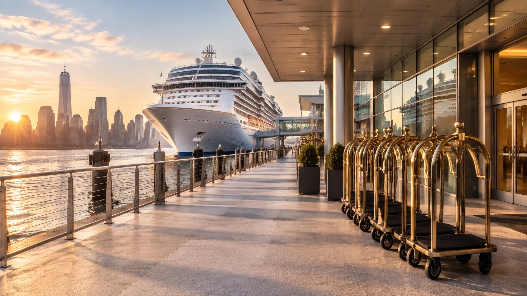 Modern New York cruise terminal walkway with a docked ship, Hudson River views, and organized luggage carts