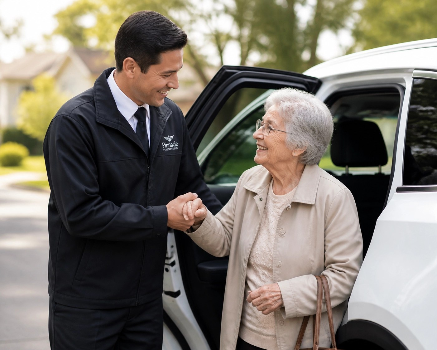 Professional driver assisting an elderly patient into a medical transport vehicle.