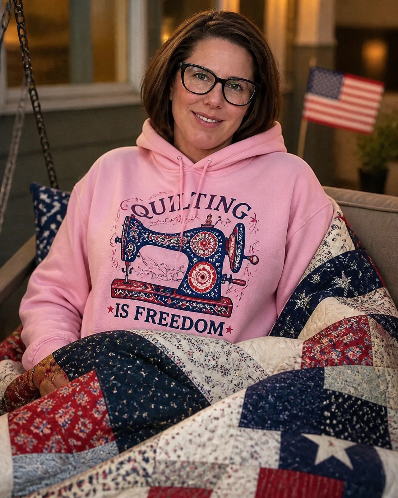 Close-up of a woman wearing the limited edition pink Quilting is Freedom hoodie while wrapped in a patriotic quilt