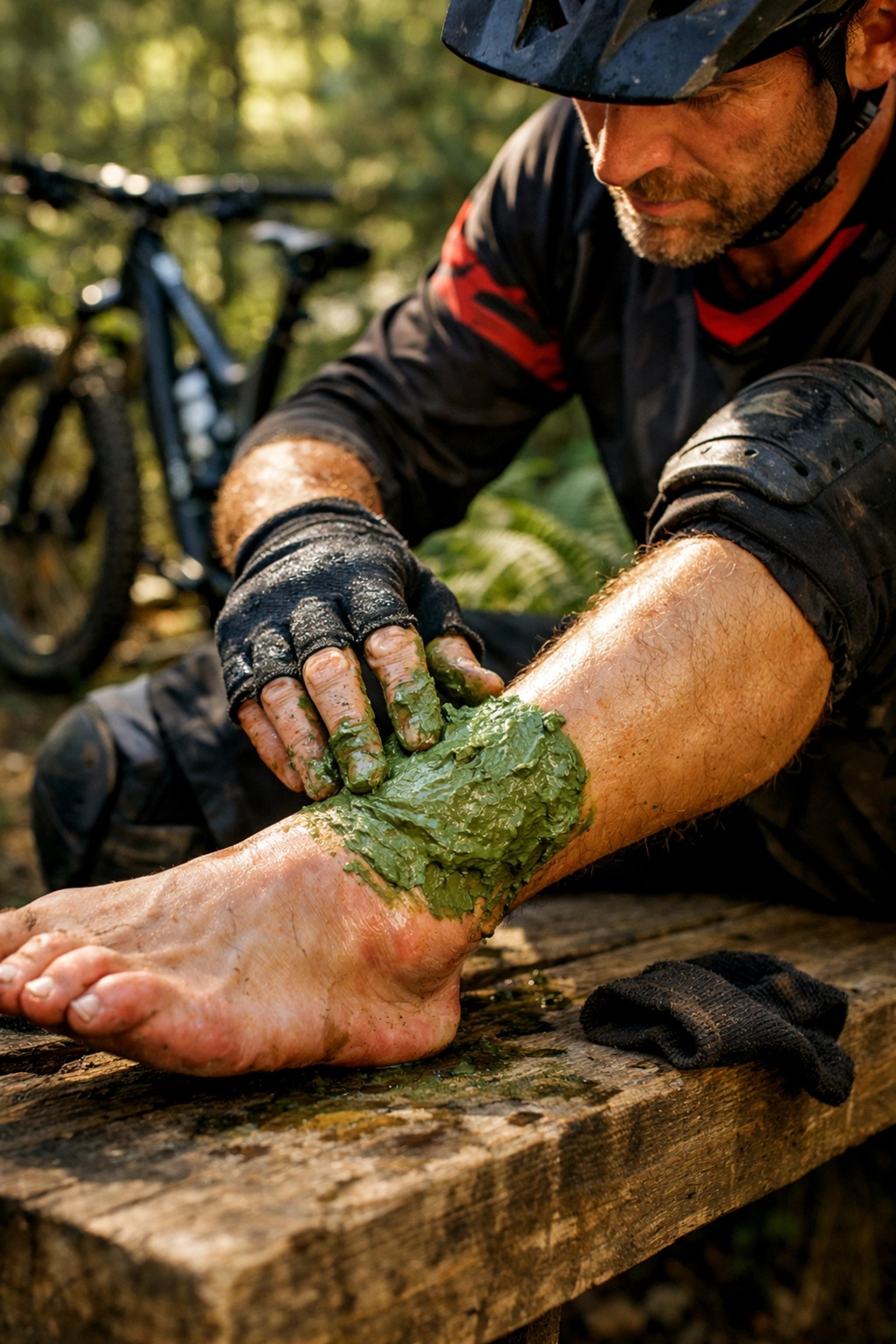 Mountain biker applying natural green clay to a swollen ankle for fast action sports recovery.