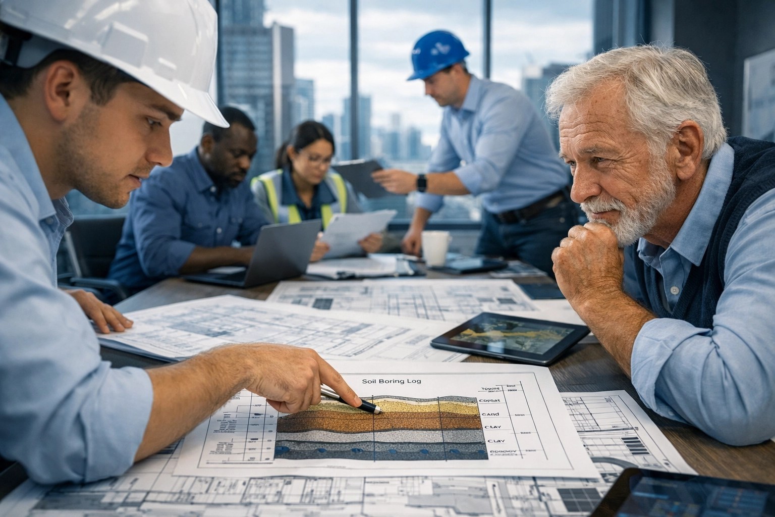 Environmental and civil engineers collaborating on integrated site design and soil analysis