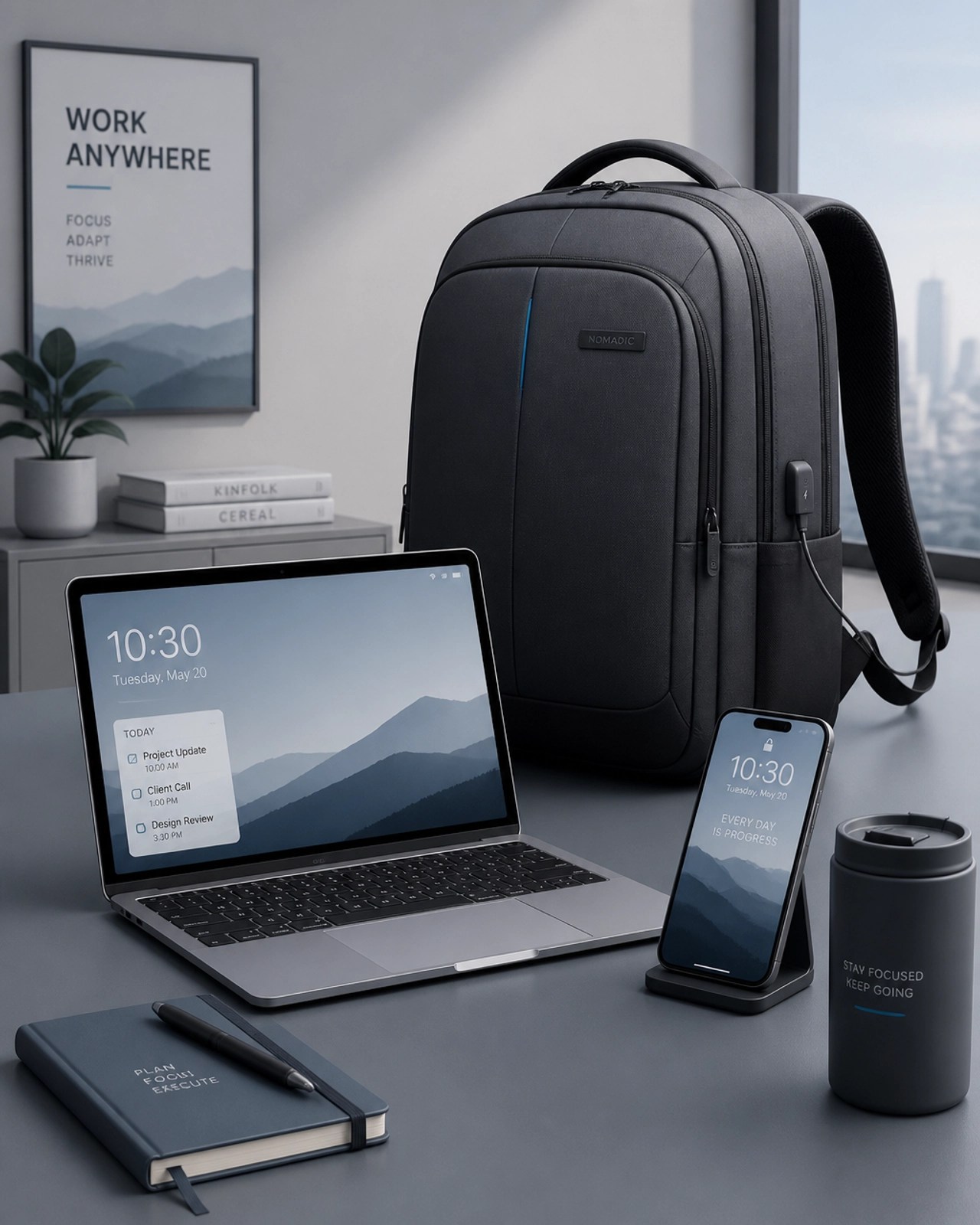 Professional remote work setup with tech backpack and laptop in a 3D digital style
