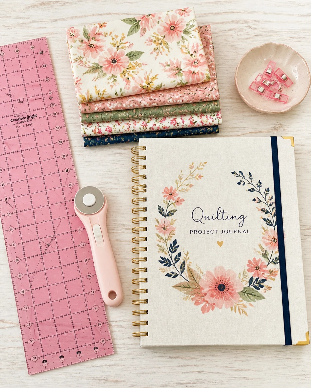 A flat lay of the planner with pink quilting rulers and floral fabric