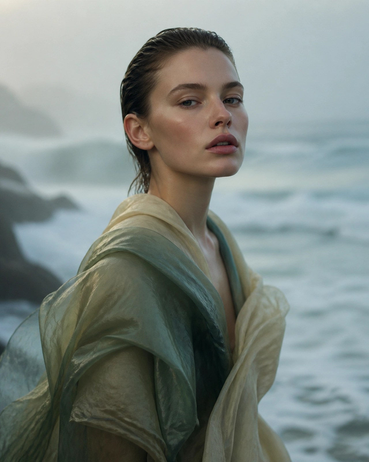 Coastal high-fashion editorial with 'wet look' aesthetic and translucent yellow and green fabrics