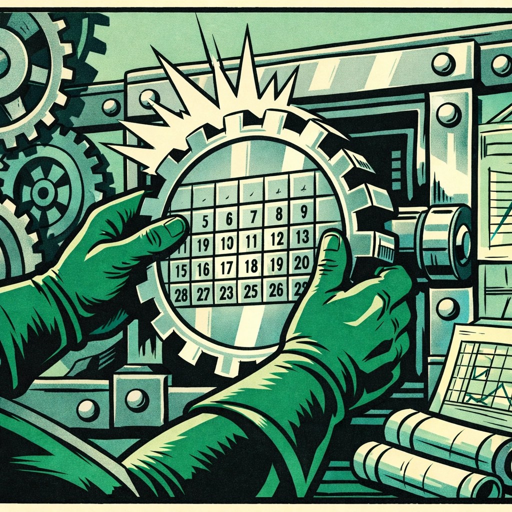 Professional business character securing a defined next meeting in a blueprint comic-style revenue system.