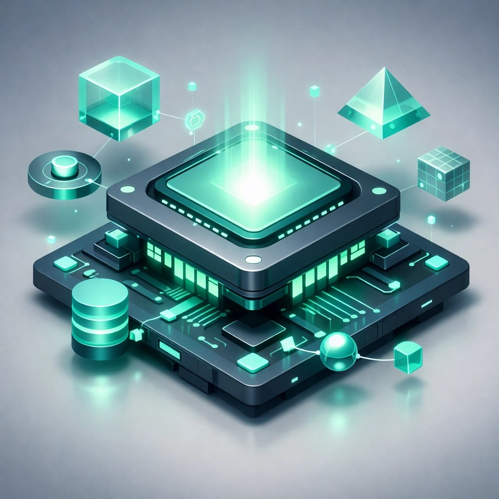 A floating processor surrounded by data nodes symbolizing optimized remote IT infrastructure.