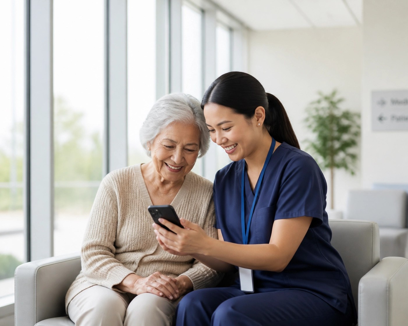 Caregiver and patient using a mobile app to book recurring medical transport for consistent healthcare access.