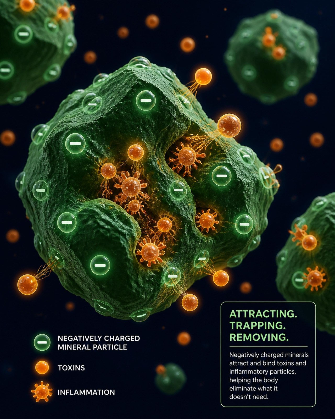 Scientific illustration of ionic clay particles attracting toxins