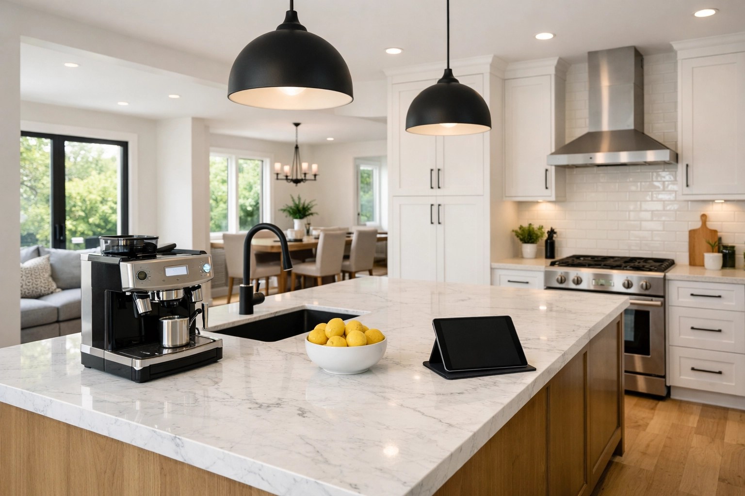 Modern open-concept kitchen and living area in a renovated Montgomery County Ohio home.