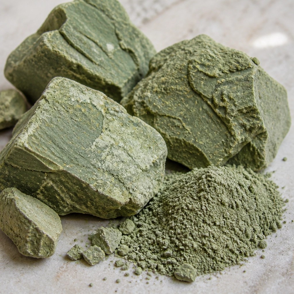 Macro photography of raw green clay minerals and powder