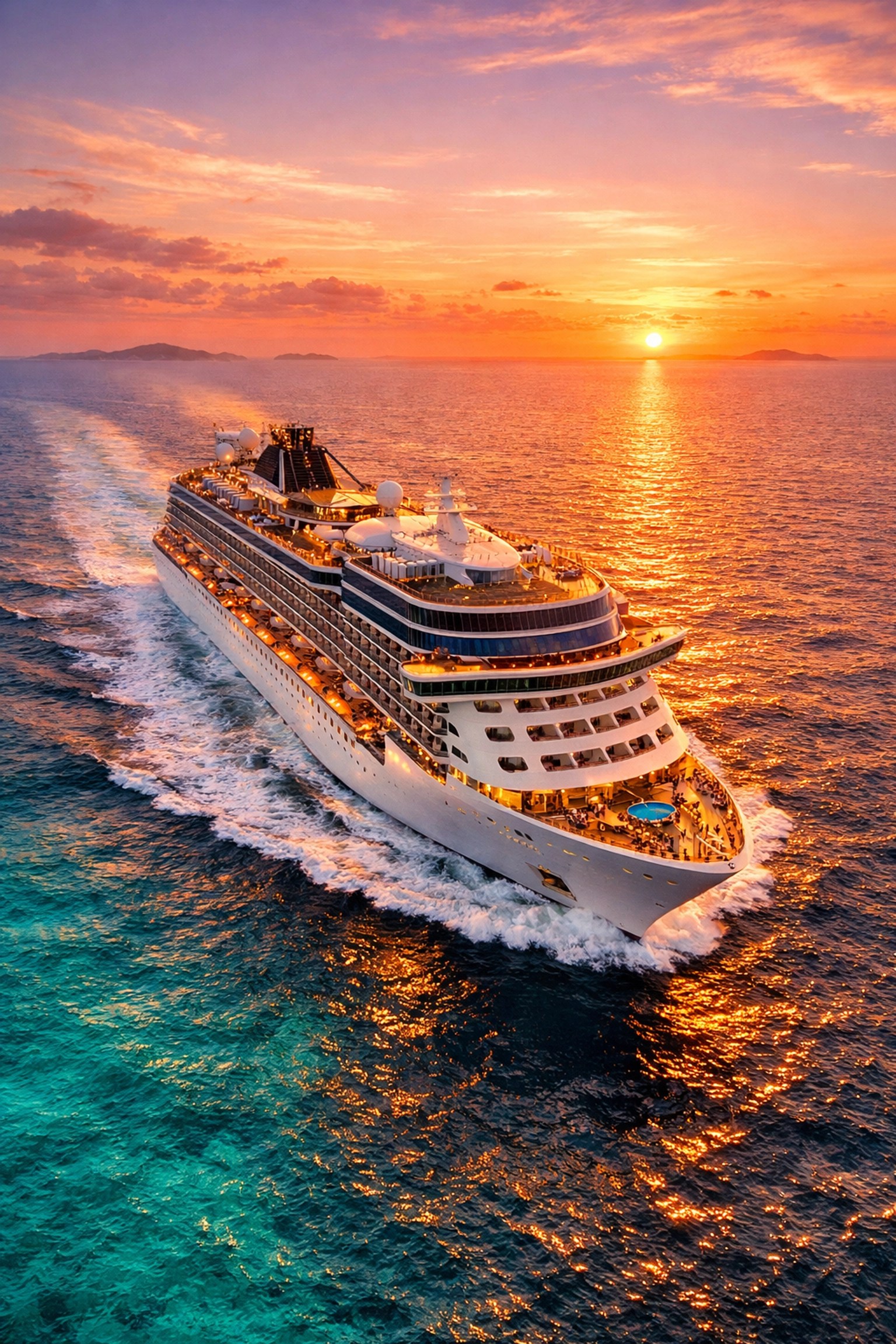 Luxury cruise ship sailing across turquoise ocean waters at sunset during world cruise voyage
