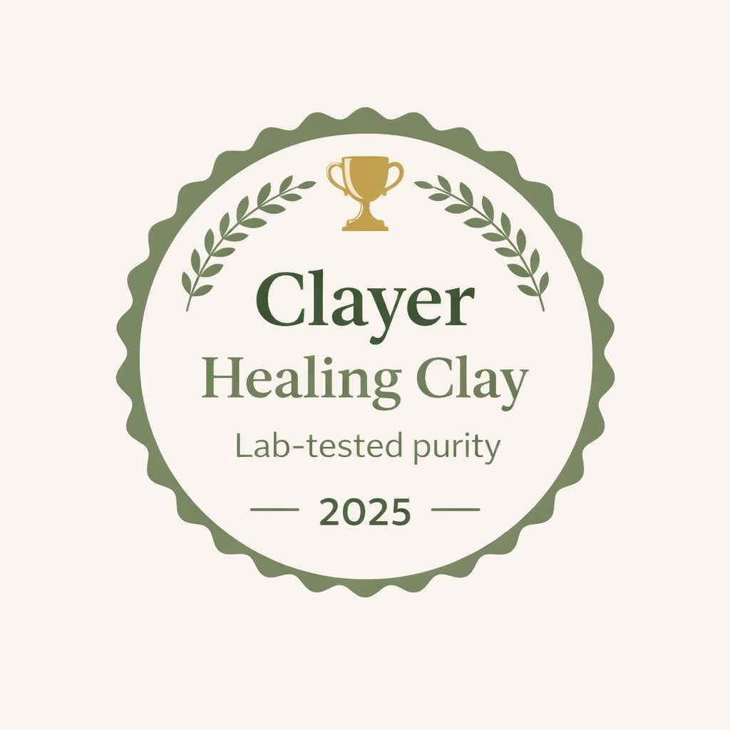 Clayer healing clay award-style badge graphic highlighting lab-tested purity and green clay benefits (unbranded).
