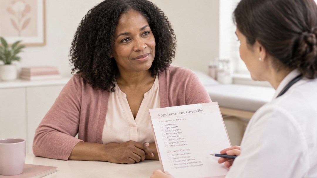 Healthcare appointment checklist for women discussing hormone therapy and symptom care