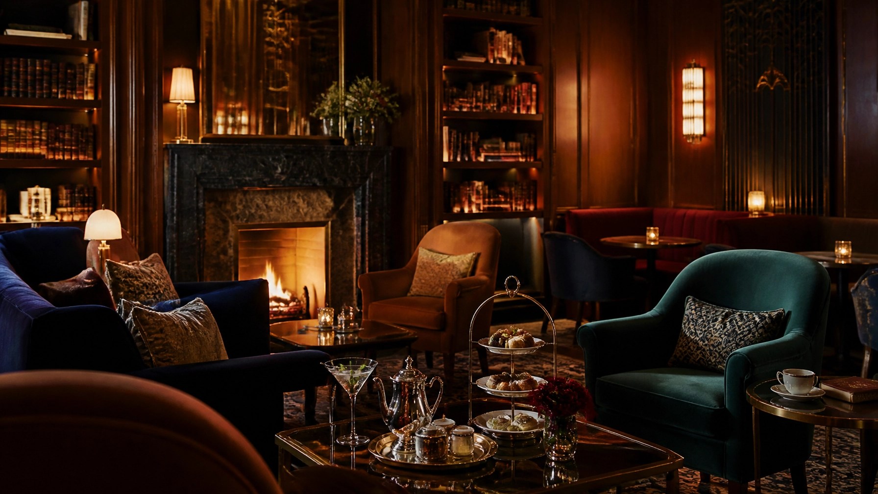 Reimagined Manhattan hotel lounge with bookshelves, warm lighting, and elegant literary-inspired interiors