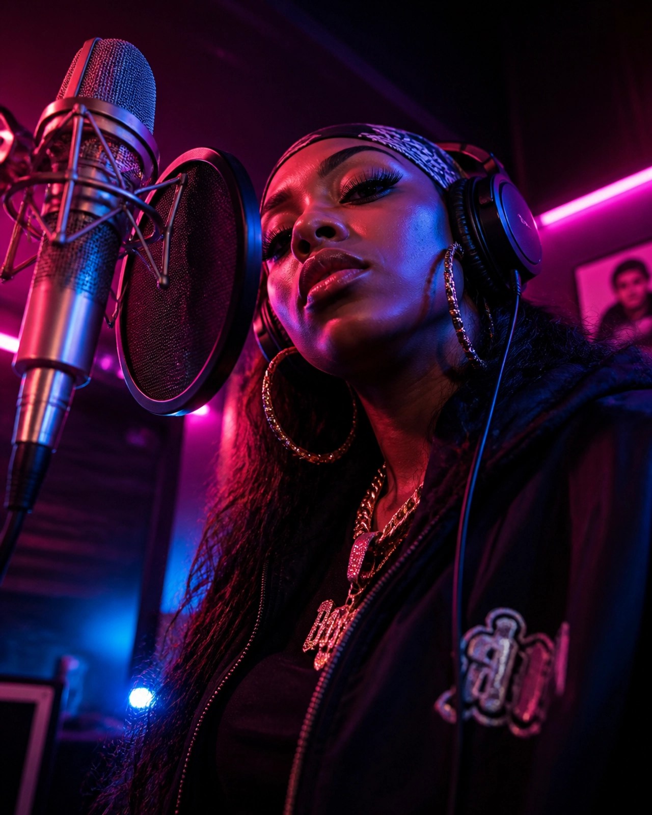 Bankroll Ni in a neon-lit recording studio leaning into a professional microphone