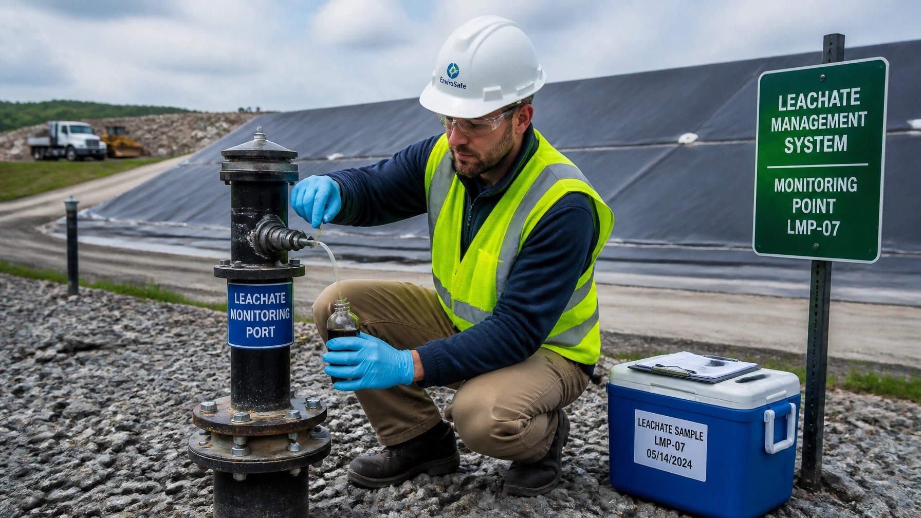 Environmental engineer taking a leachate sample from a monitoring port