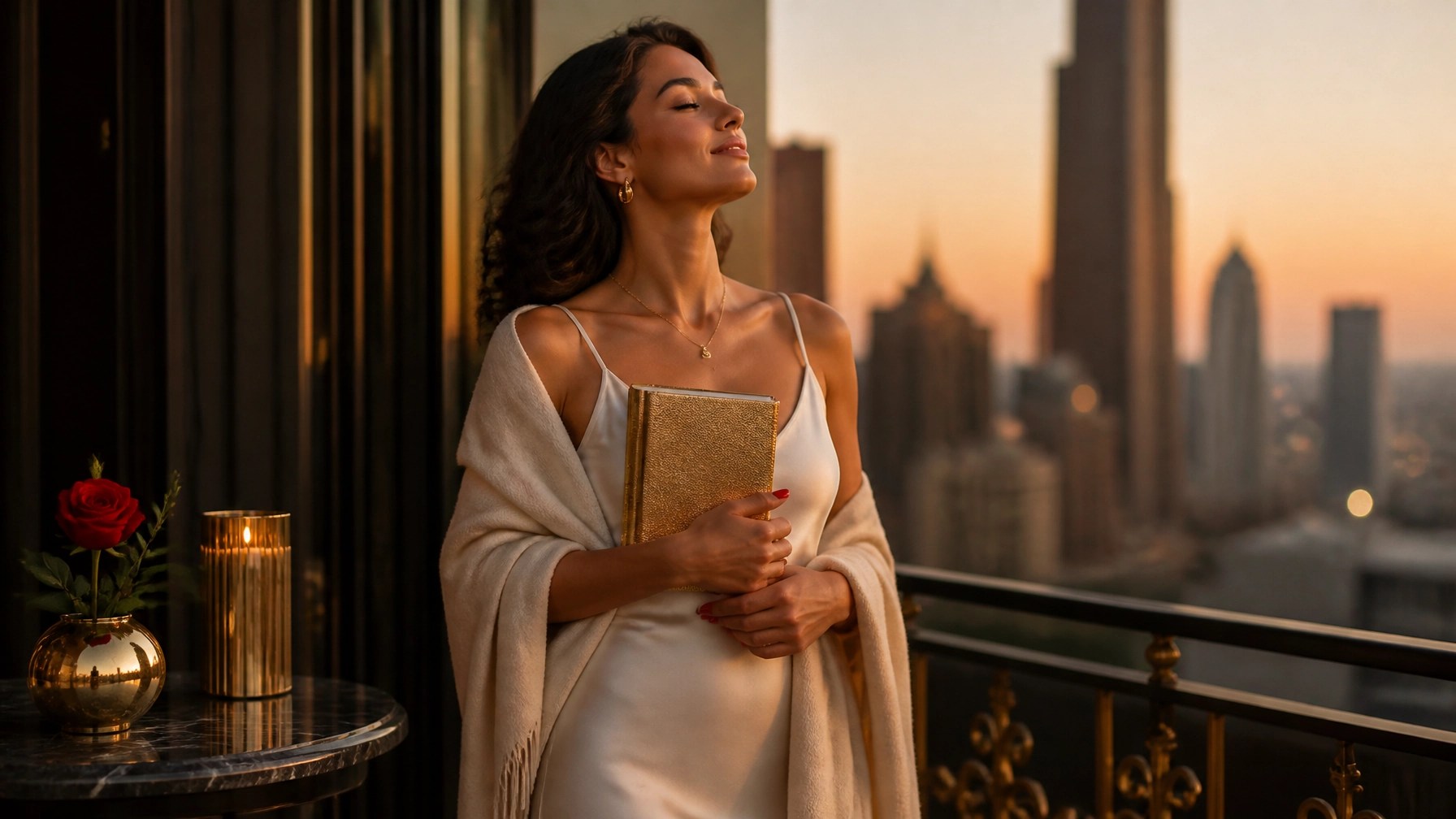 Manifesting love and divine feminine awakening: woman on a luxury balcony with gold journal, red rose, and city skyline at dusk