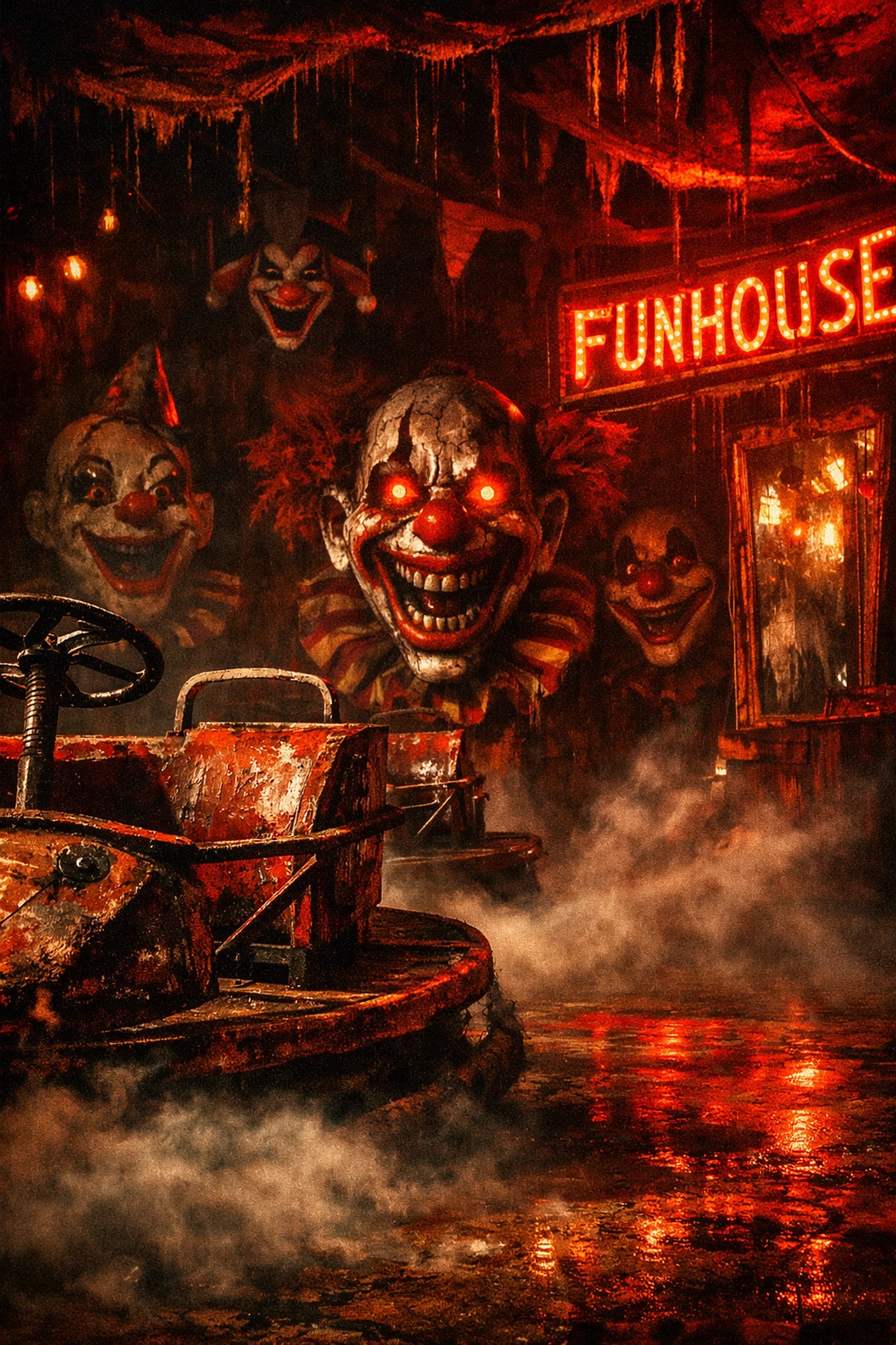 Dark carnival funhouse interior from 80s horror slasher The Funhouse streaming on Prime Video