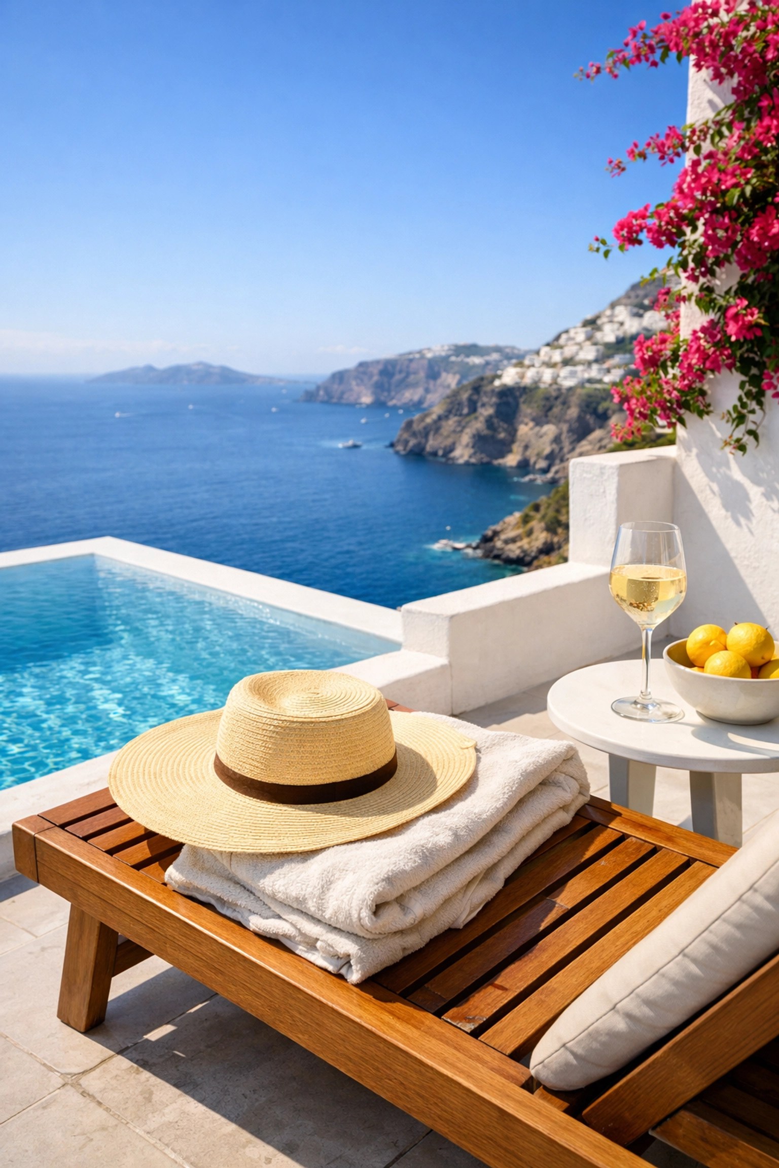 Luxury Mediterranean villa terrace with infinity pool overlooking turquoise waters on a solo travel adventure.