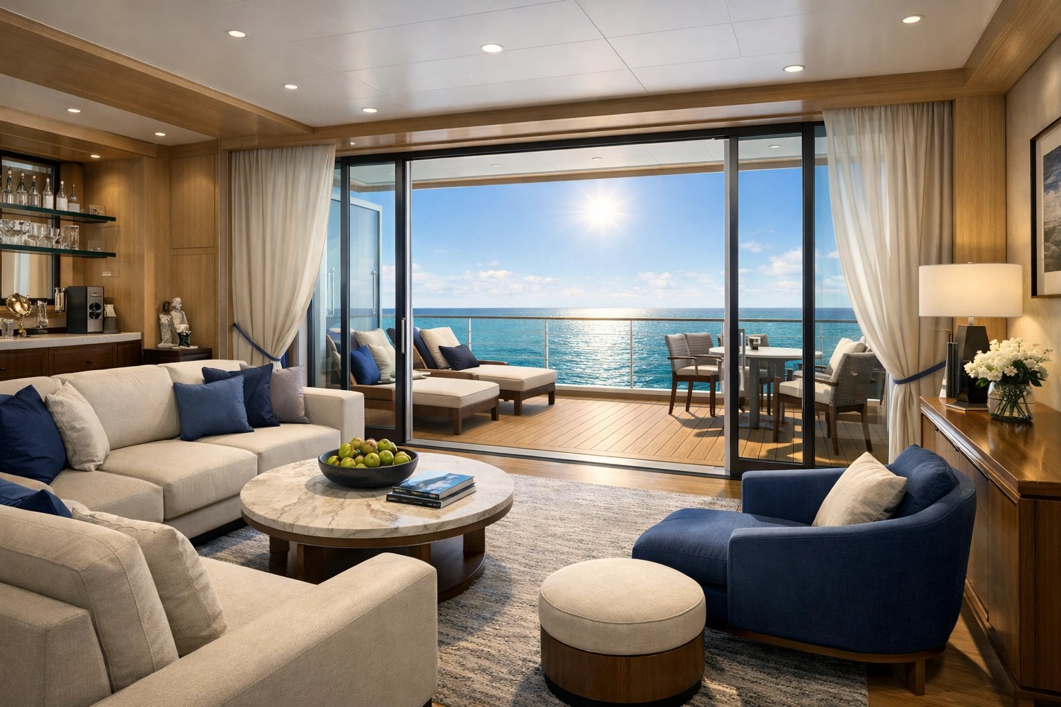 Reimagined Pinnacle Suite on Holland America Oosterdam showing a luxury living area and private balcony.