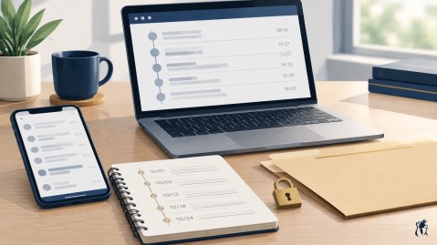 A phone, laptop, dated notebook, and small padlock icon arranged on a tidy desk