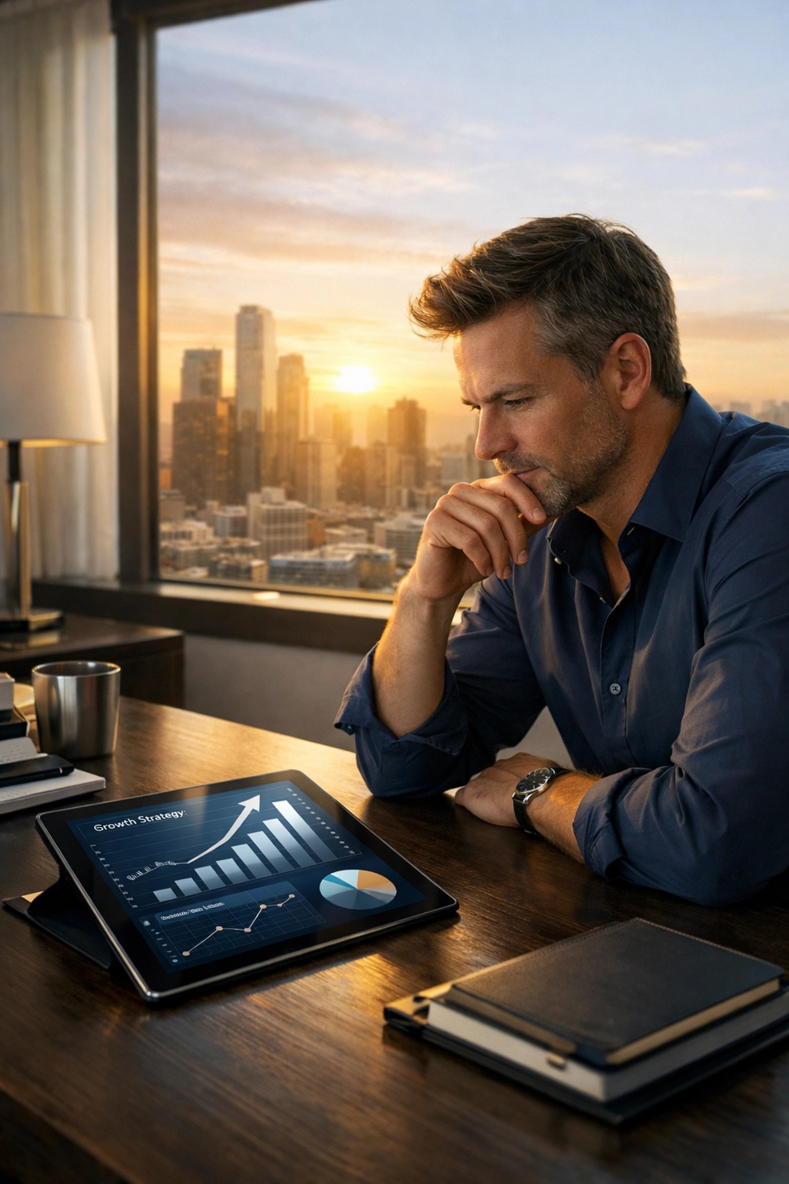 Entrepreneur strategically planning business credit usage while reviewing growth charts in a modern office.