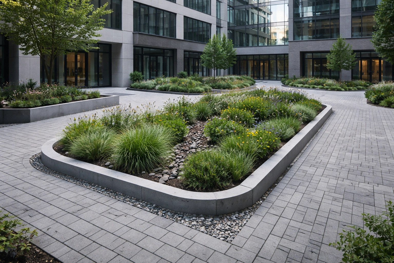Permeable pavers and rain garden integrated into a modern commercial courtyard