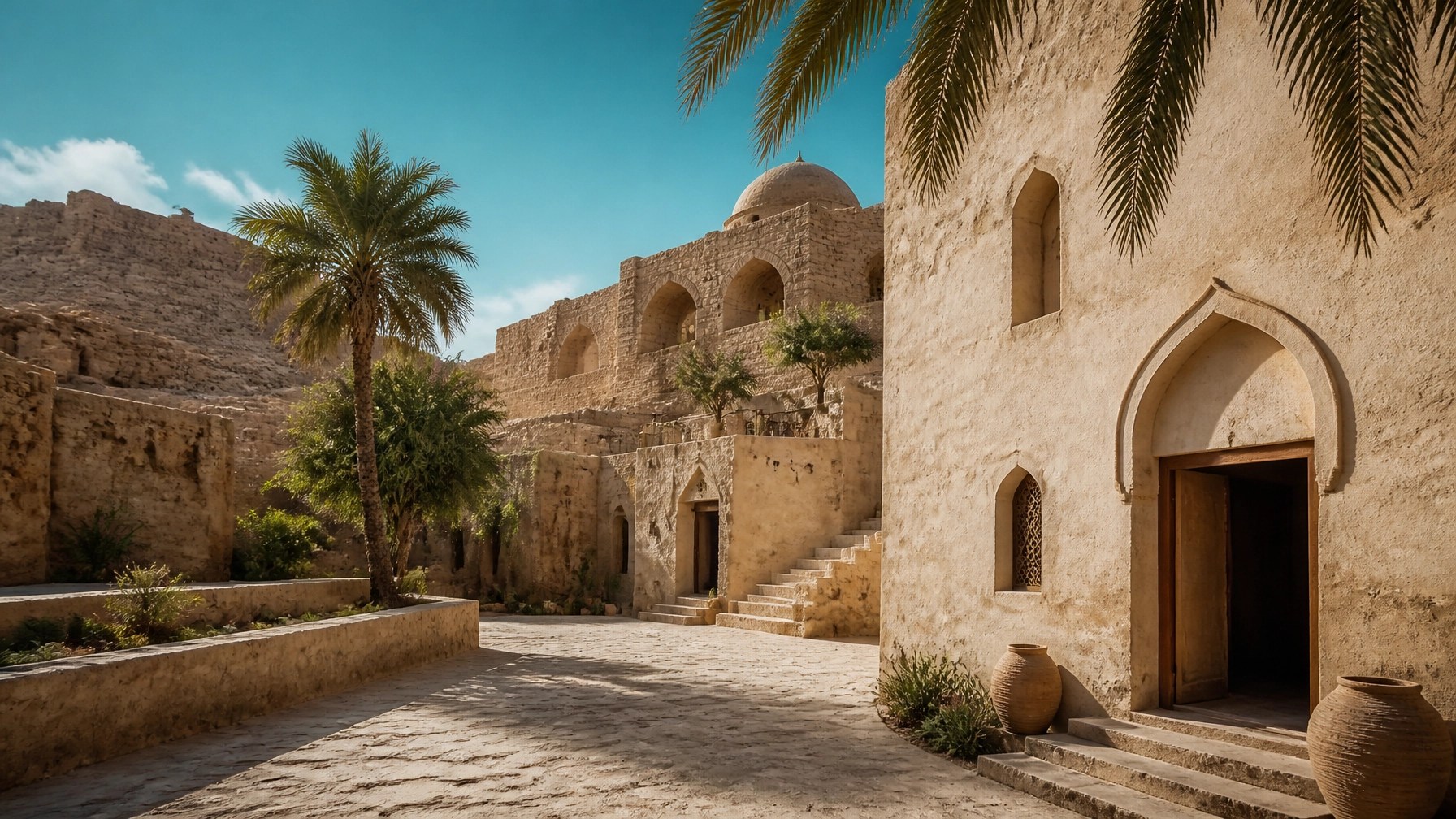Quiet Egyptian heritage courtyard with sunlit sandstone walls and palms