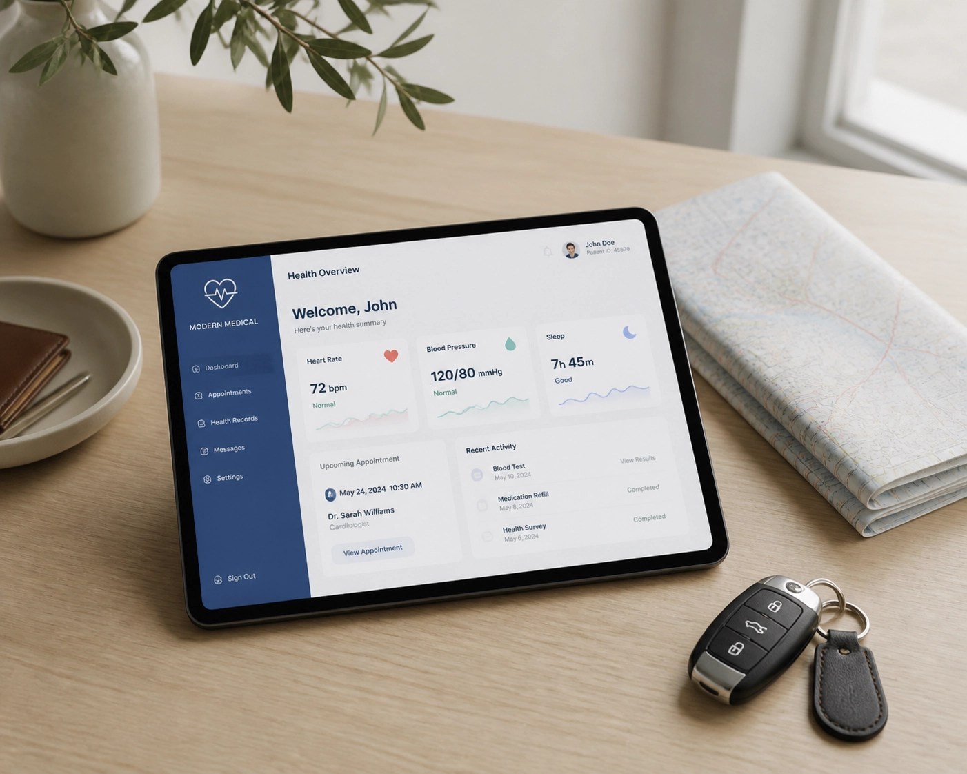 Medical app on a tablet with car keys, showing preparation for rural healthcare travel.