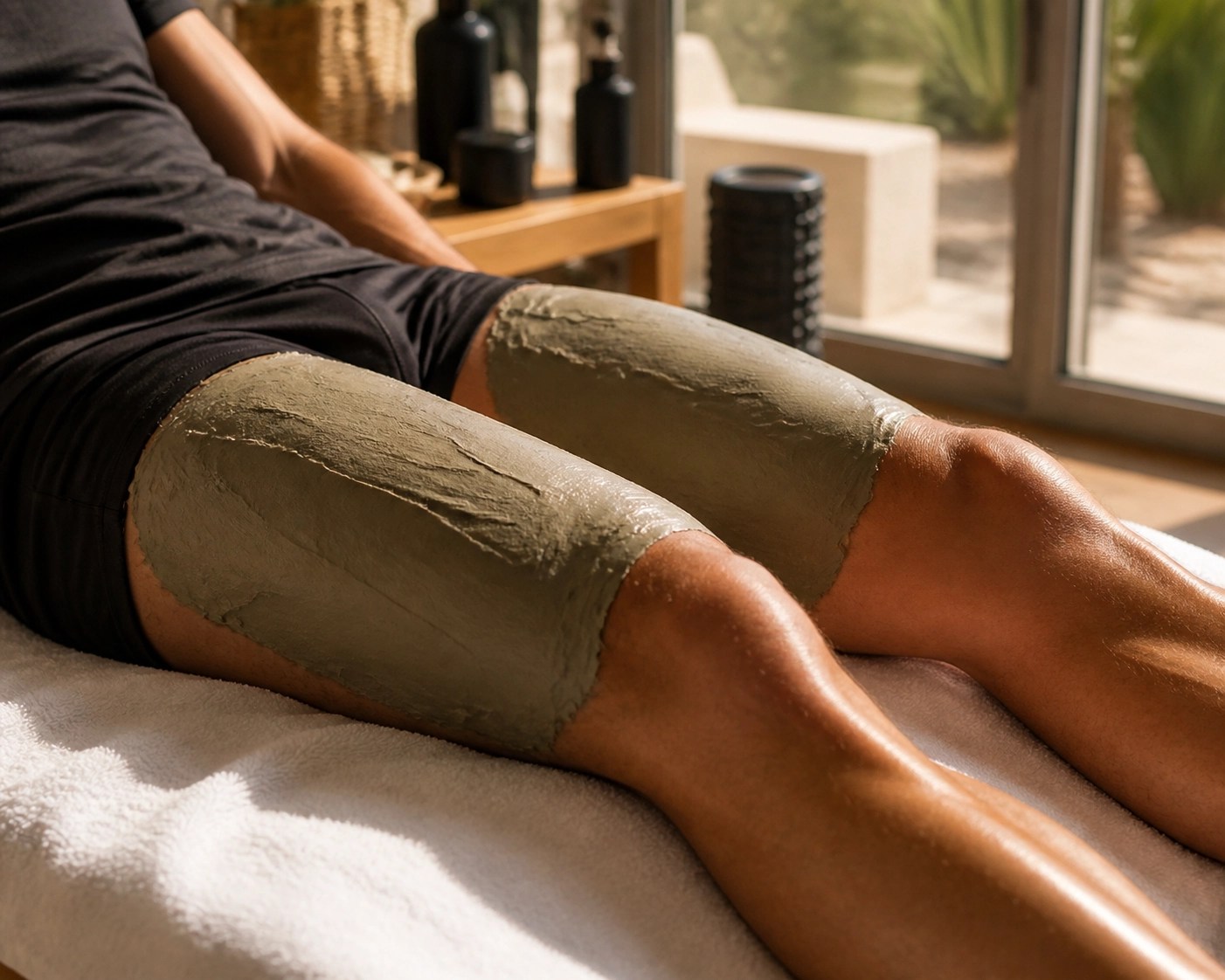 Green clay poultice applied to an athlete's legs for muscle recovery and post-workout inflammation relief.
