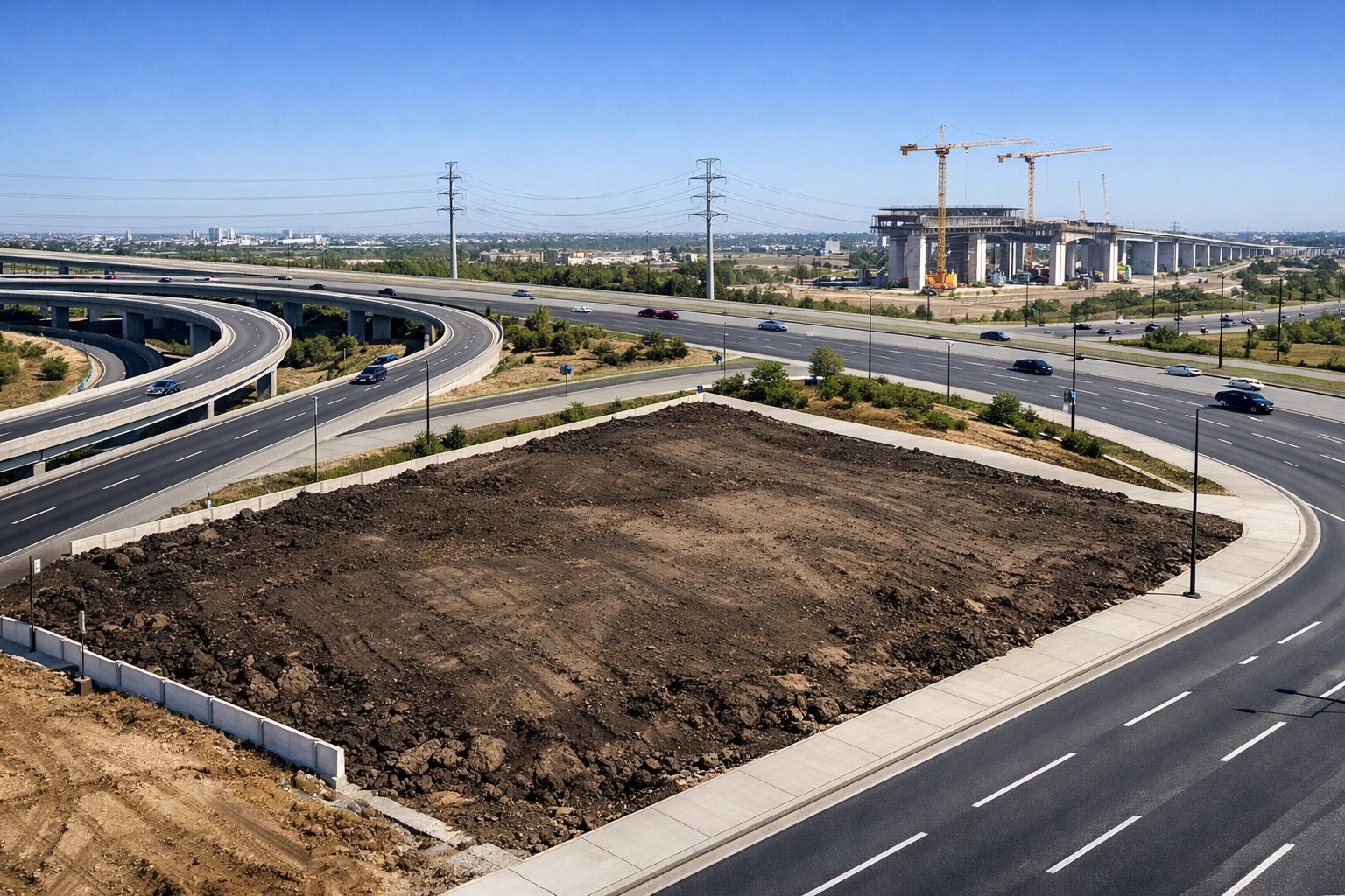 Strategic plot of undeveloped land near major highway infrastructure and development.