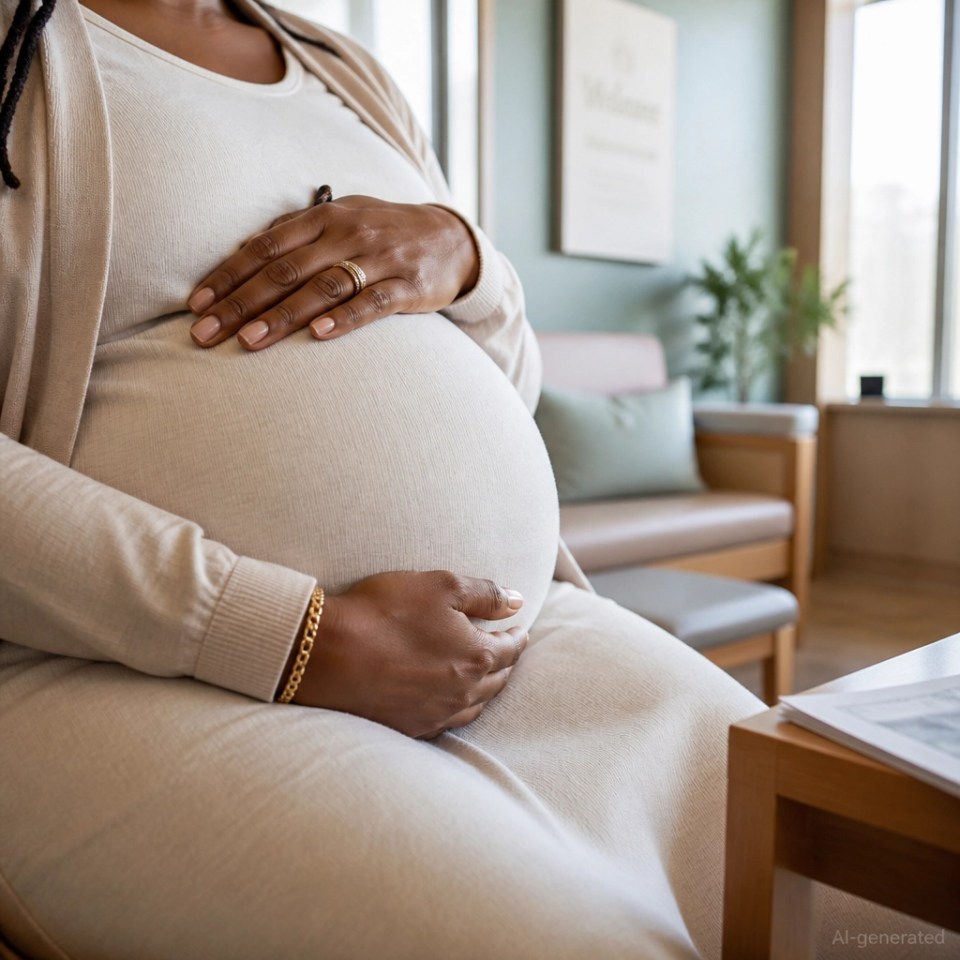A close-up of a pregnant woman's hands resting on her belly in a calm waiting room.
