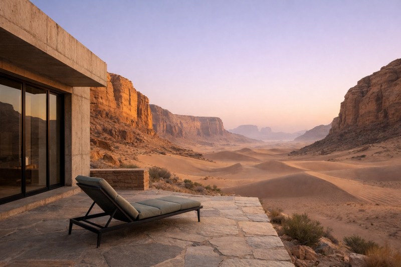 Minimalist luxury villa in a desert canyon at dawn, emphasizing quiet solitude and restorative travel.