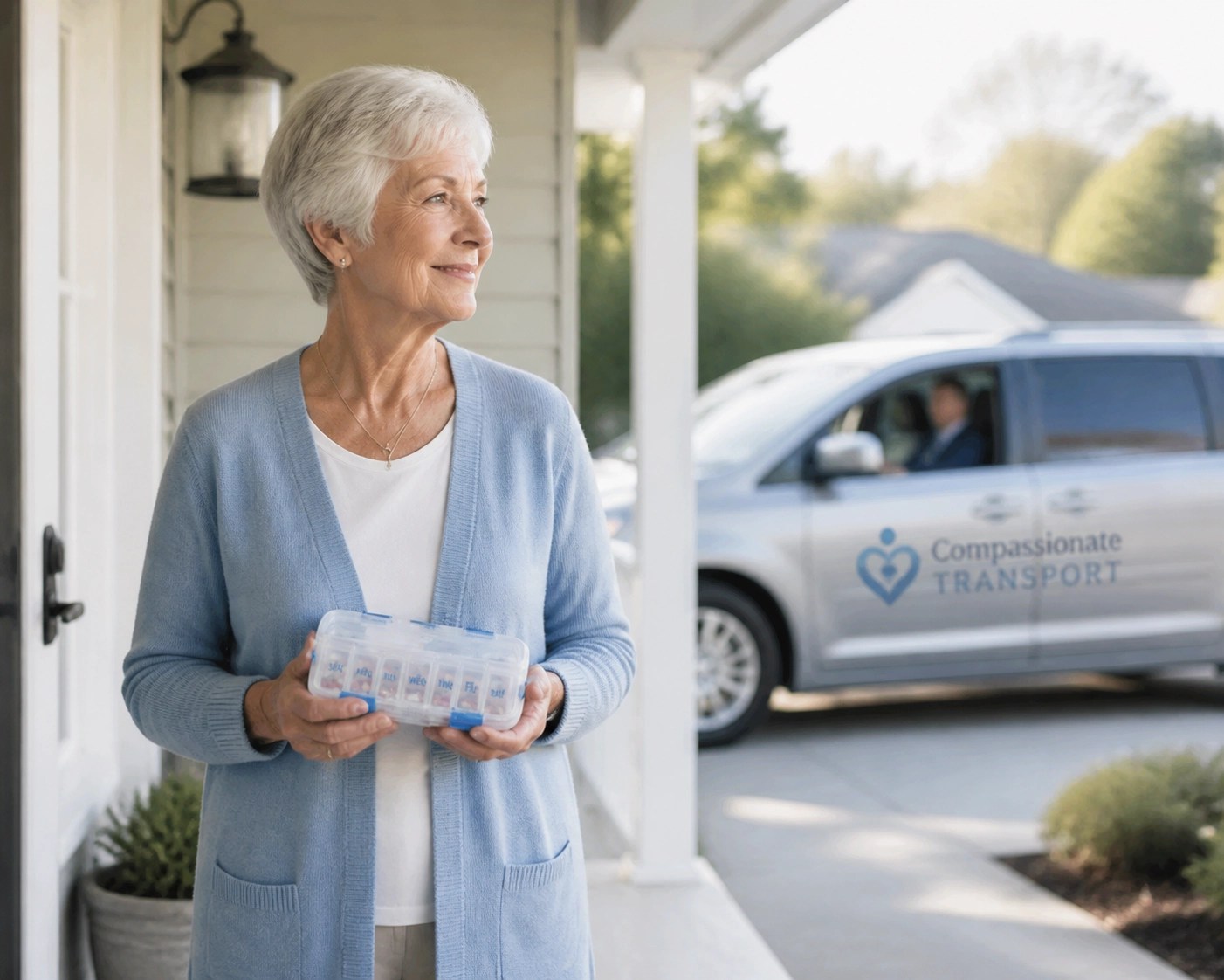 A senior woman smiling on her porch as a reliable NEMT medical transport vehicle arrives for an on-time pickup.