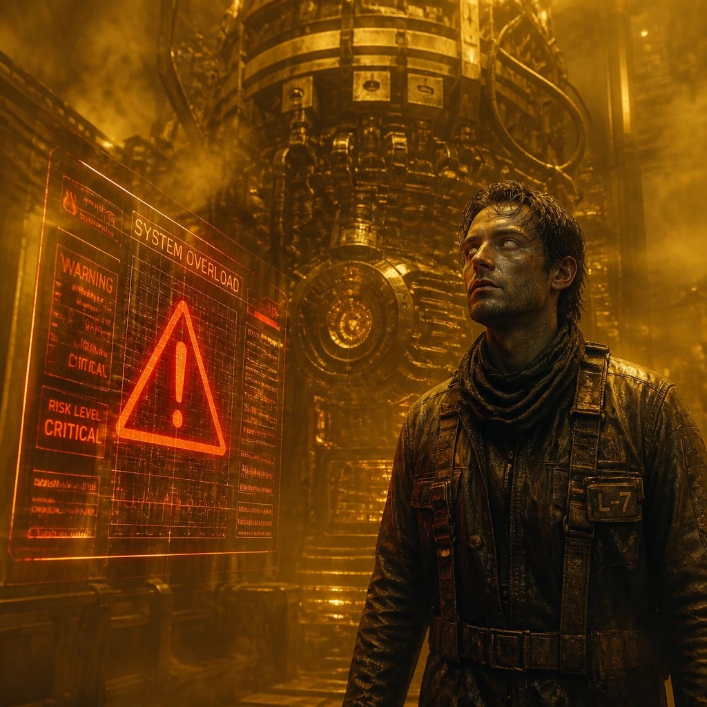 An industrial worker standing before a machine, looking past a warning symbol because their cognitive capacity is overwhelmed by a hazy amber mist of chaos.