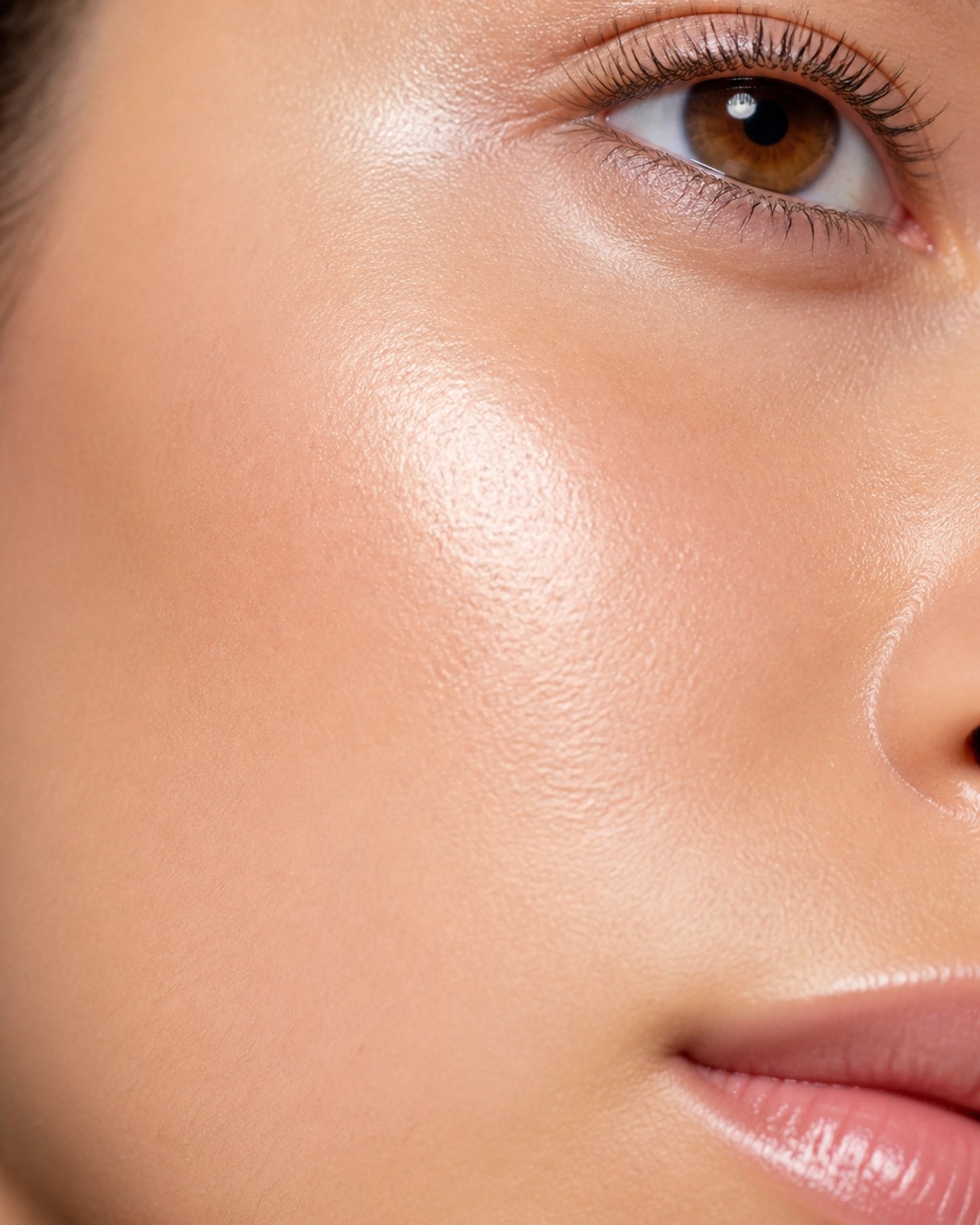 A macro photography shot of healthy, radiant human skin highlighting natural elasticity and clarity.