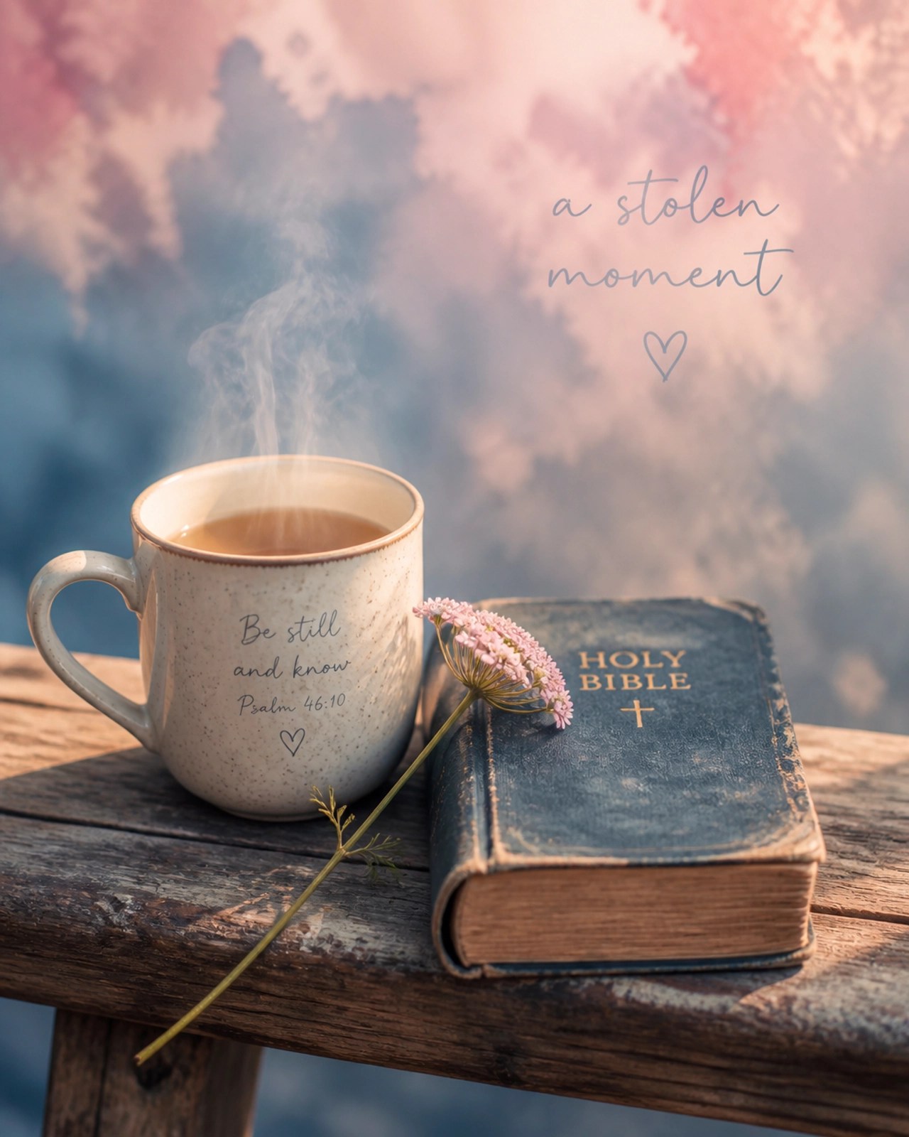 Steaming mug of tea on a rustic bench with a Bible