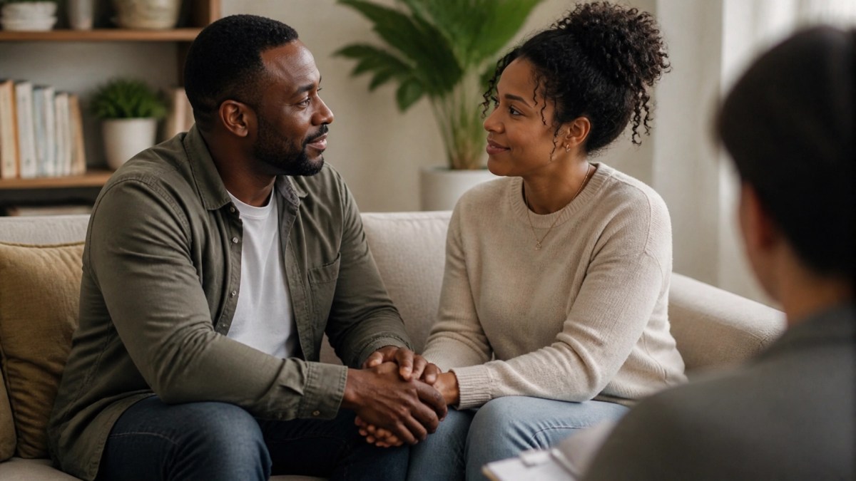 A diverse couple holding hands during a supportive therapy session, experiencing a breakthrough.