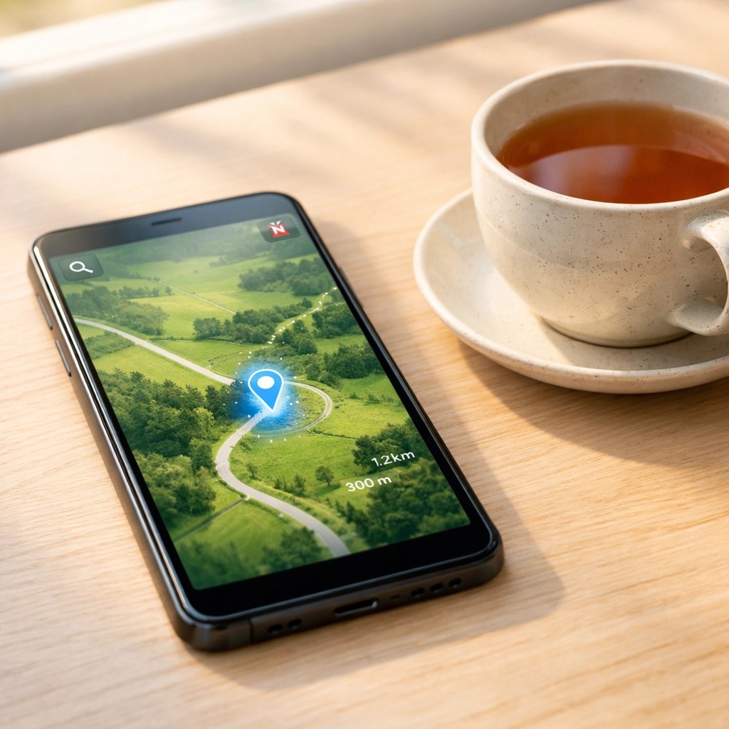 Smartphone showing live GPS tracking for a medical ride in a remote zip code.