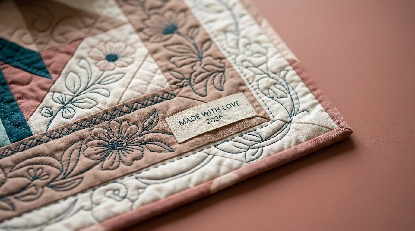 A warm, inviting close-up of a modern quilt with custom embroidery and a fabric label that says 'Made with Love 2026', featuring soft mocha and teal tones.