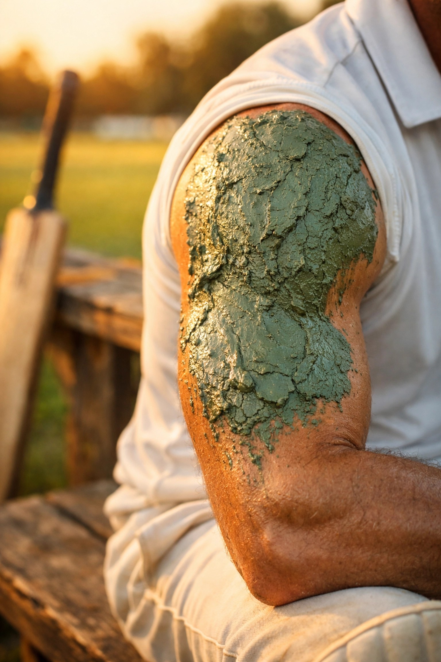 Cricket player applying natural green healing clay to their arm for muscle recovery on a pitch.