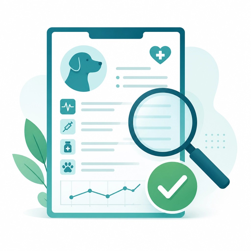 A high-quality minimalist flat design illustration of a stylized medical chart with a magnifying glass and a checkmark, representing record accuracy and automated data validation in veterinary software.