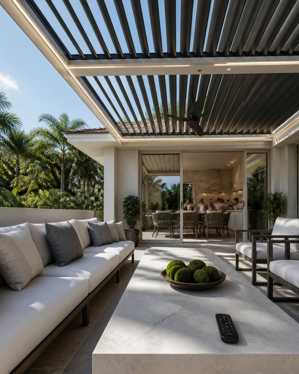 Close architectural view of insulated motorized louvers with integrated lighting