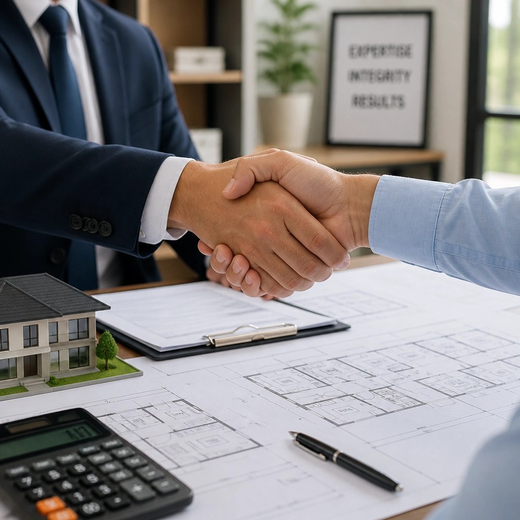 Professional real estate agent and client shaking hands over property plans