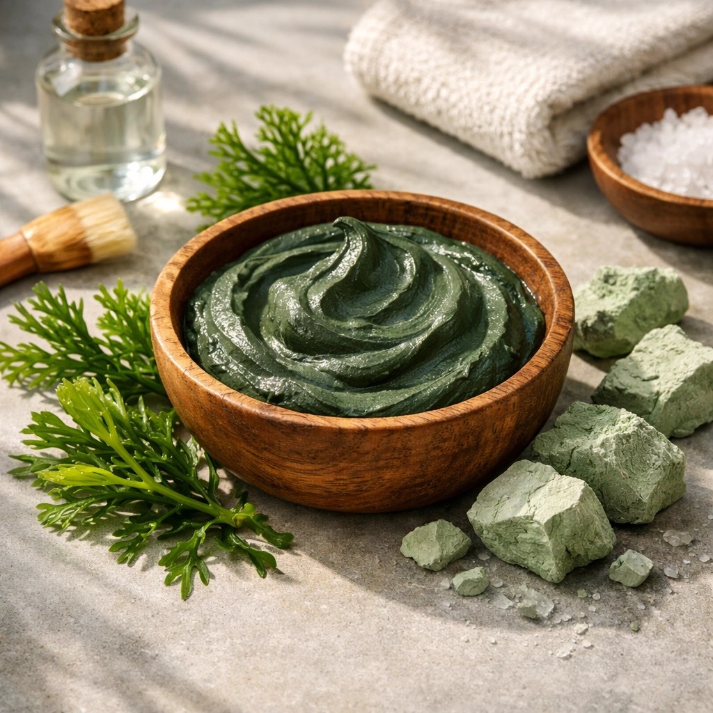 A wooden bowl filled with thick green clay mask paste and natural sea algae for skin detox.