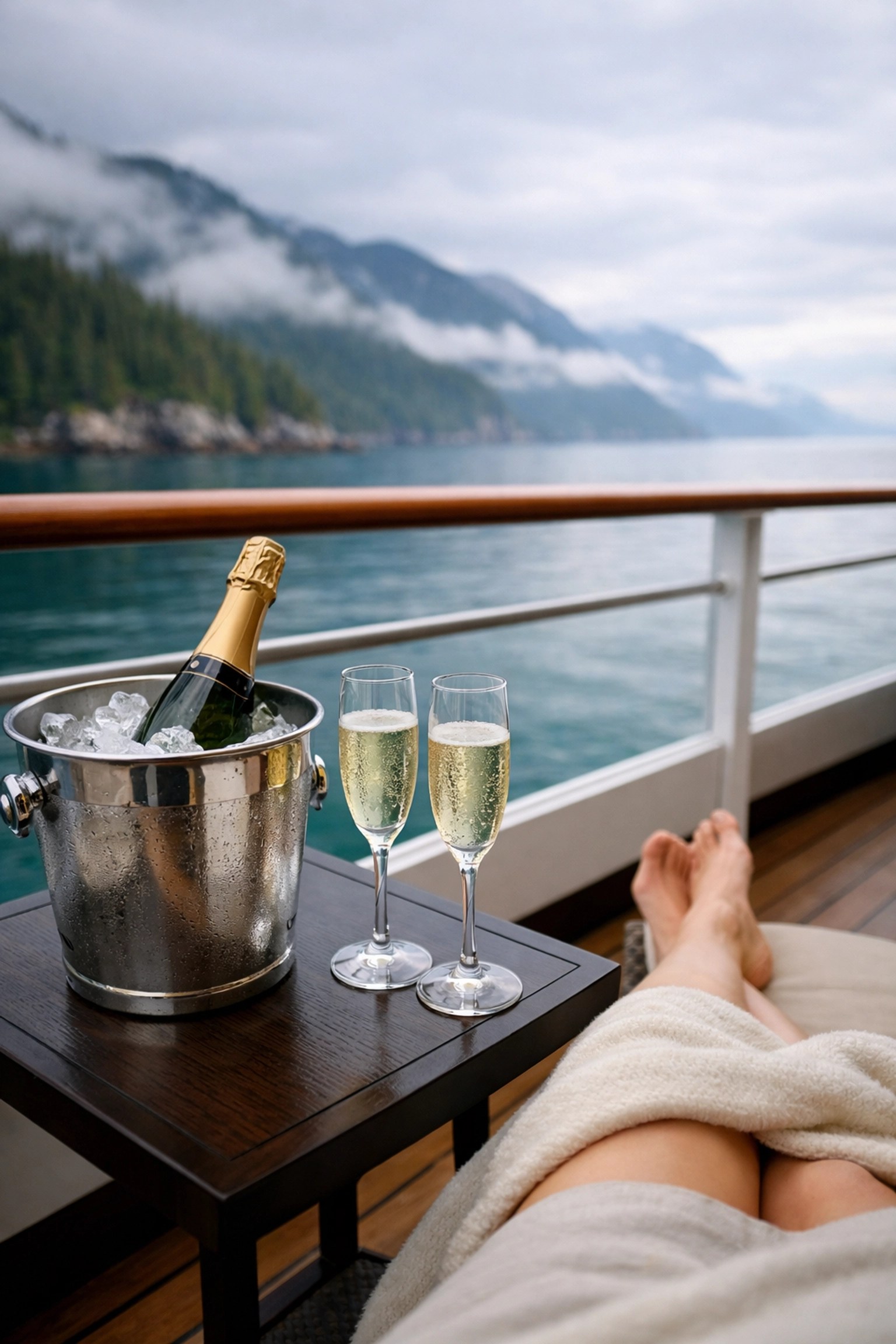 Luxury Alaska cruise balcony view with champagne and crystal flutes overlooking the misty coastline.