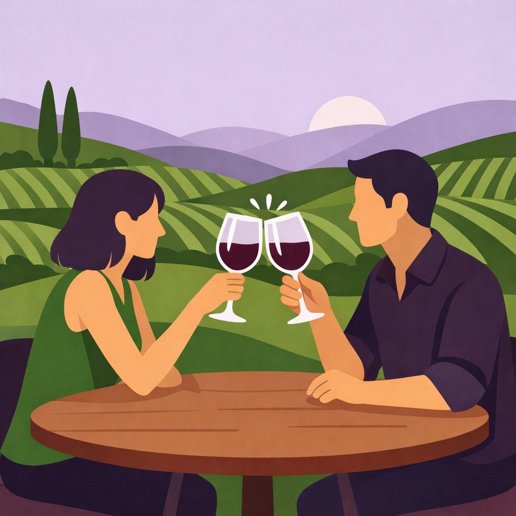 Couple clinking wine glasses during a romantic themed date night at a Virginia vineyard.
