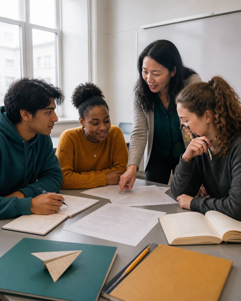 Three diverse college students discussing printed career materials with an educator mentor