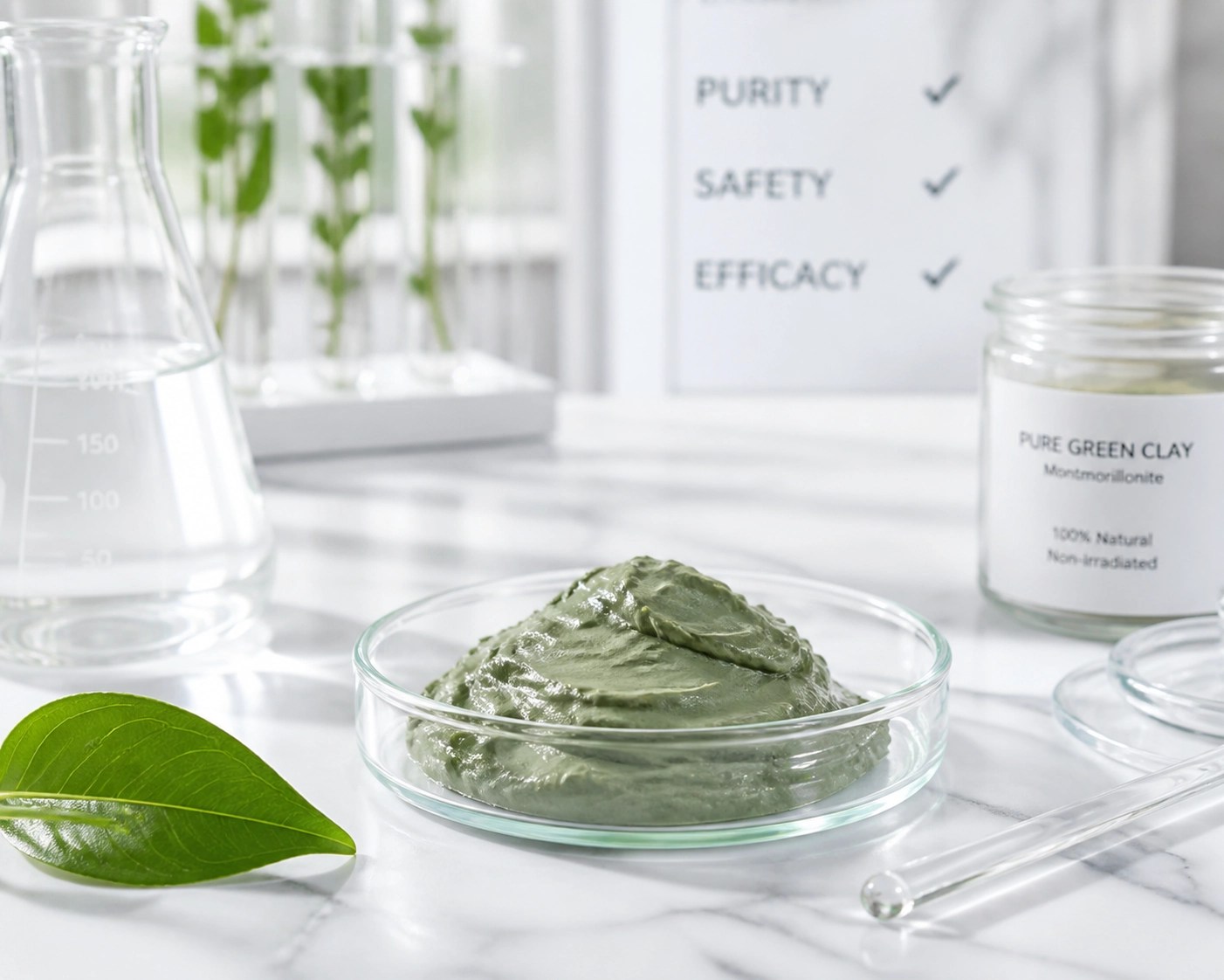 Sample of pure green clay in a clinical laboratory setting highlighting mineral purity and safety.
